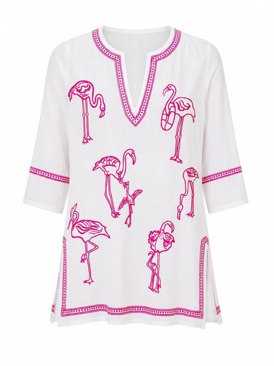Gretchen Scott Designs Tops - Gretchen Scott flamingo embroidered cotton tunic, small